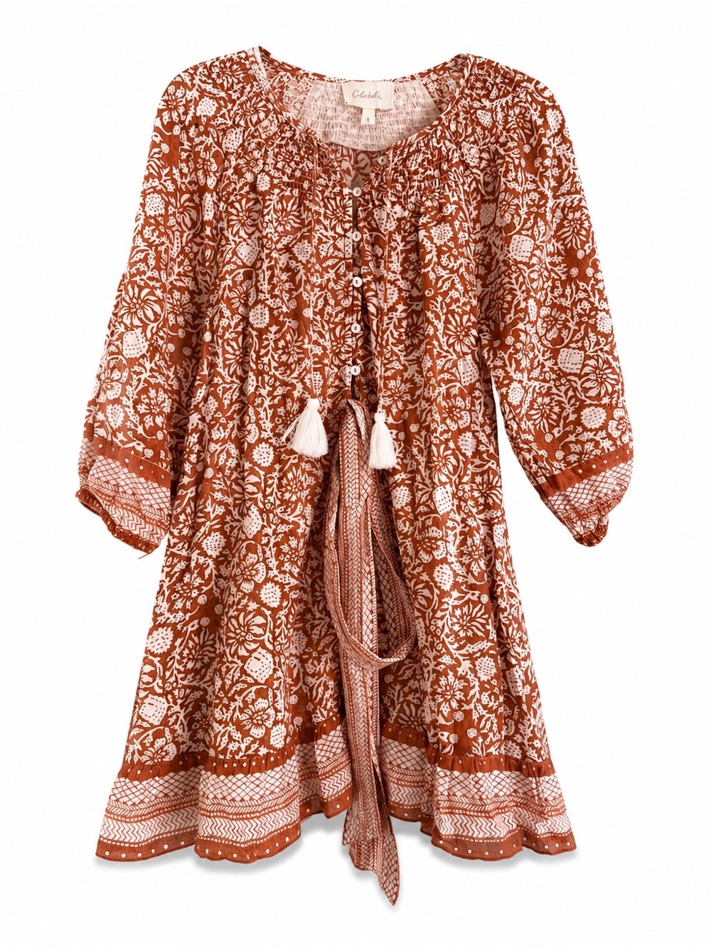 Cleobella Floral Tie-Waist Midi Dress in Rust and Cream